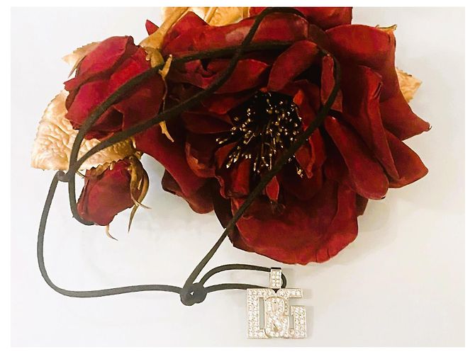 Iconico collier DOLCE & GABBANA “Overlap” cordino camoscio nero e sawarovski Argento - vista 4