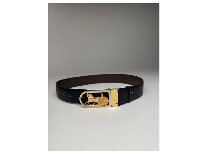Céline Schwarzer Leder-Gürtel mit Vintage Celine Paris Wagenlogo - Ansicht 4