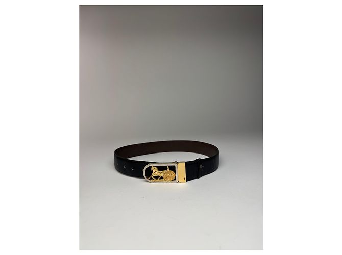 Céline Schwarzer Leder-Gürtel mit Vintage Celine Paris Wagenlogo - Ansicht 8