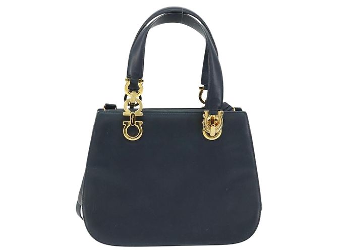 Borsa a mano in pelle Gancini Salvatore Ferragamo 2 in 1 Blu Navy Oro Auth 157237 - vista 2