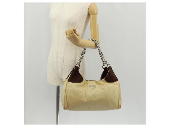 PRADA Borsa a Spalla con Catena Nylon Beige Argento Auth 160872 - vista 24