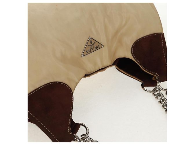 PRADA Borsa a Spalla con Catena Nylon Beige Argento Auth 160872 - vista 8