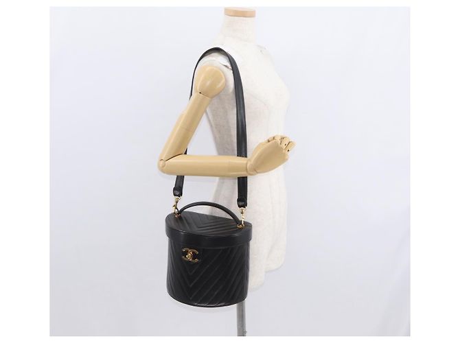 CHANEL V Stitch Vanity Borsa a Mano in Pelle di Agnello 2in1 Nero Oro CC Auth 158944SAV D'oro - vista 26