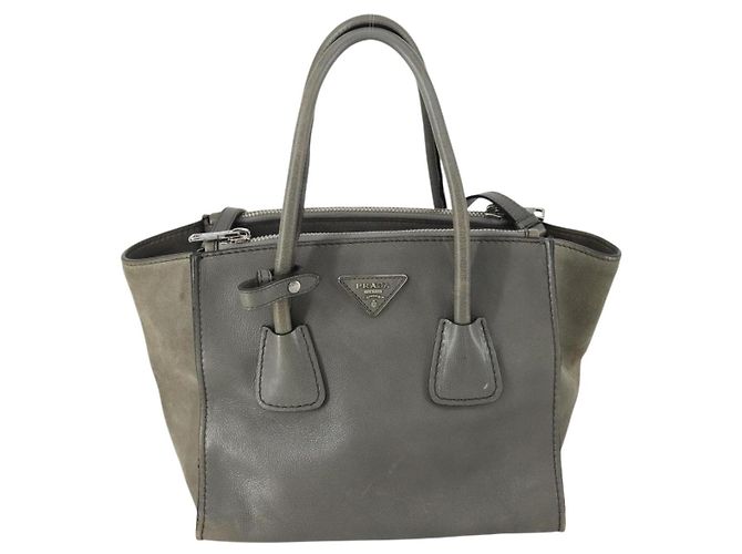 PRADA Borsa a Mano con Borchie in Pelle Scamosciata 2 in 1 Grigio Argento Auth BA8646 Marrone - vista 13
