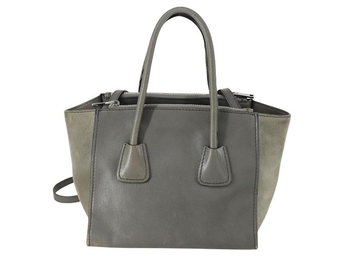 PRADA Borsa a Mano con Borchie in Pelle Scamosciata 2 in 1 Grigio Argento Auth BA8646 Marrone - vista 2