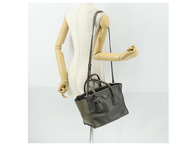 PRADA Borsa a Mano con Borchie in Pelle Scamosciata 2 in 1 Grigio Argento Auth BA8646 Marrone - vista 25