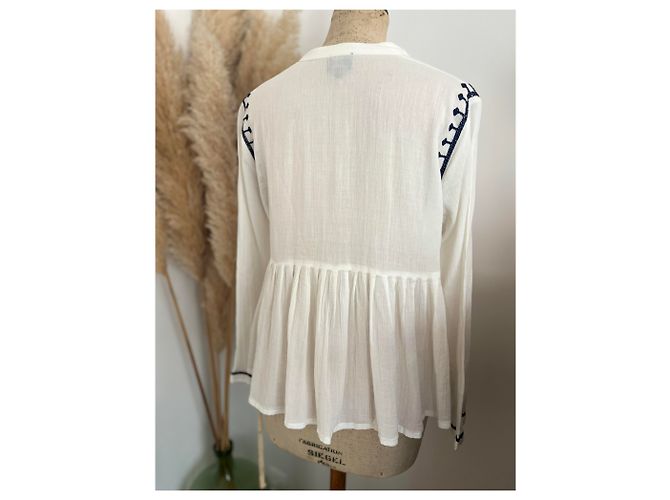 Blusa Berenice Bianca con Ricami Blu Navy - vista 3