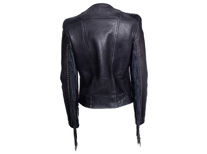 Chaqueta de motorista de cuero con cordones Balmain con flecos Negro - vista 4