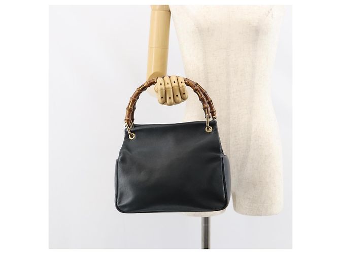 GUCCI Bamboo Hand Bag Leather Navy gold 000 3444 0575 Auth bs32136 Golden Navy blue - view 22