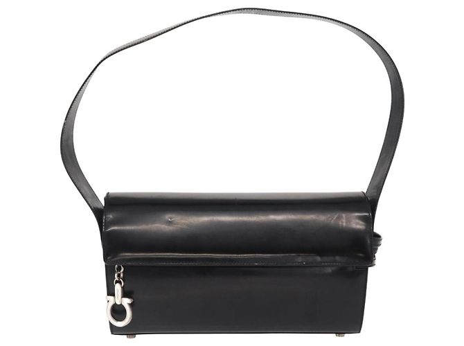 Borsa a Spalla Salvatore Ferragamo Gancini Smalto Nero Argento Auth 160684 - vista 2