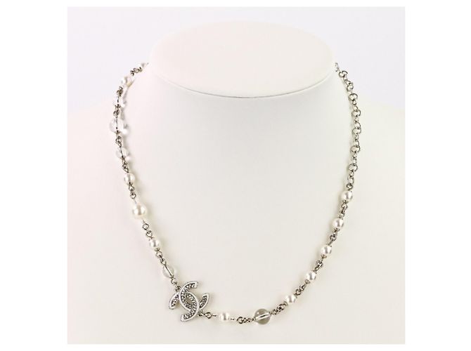 Collar de perlas con marca Coco de strass de Chanel Plata Blanco - vista 2