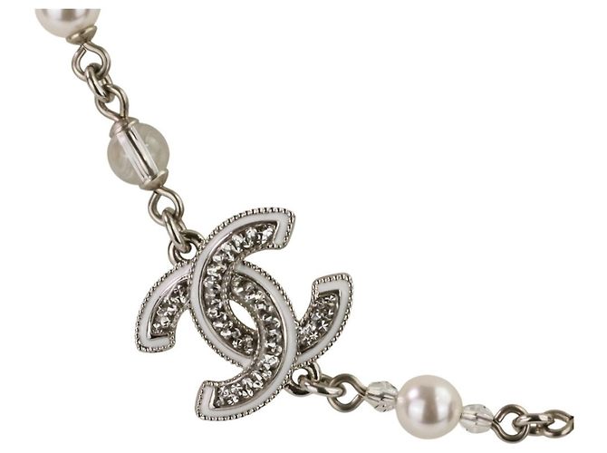 Collar de perlas con marca Coco de strass de Chanel Plata Blanco - vista 3