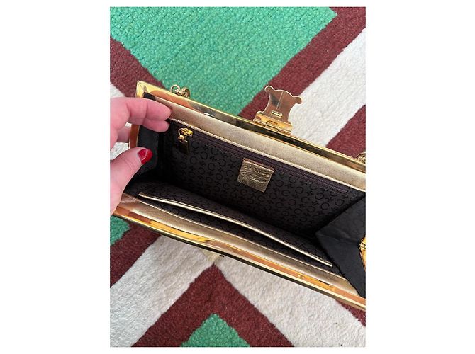 Céline Borsa a Spalla Celine Triomphe Gamaguchi con Catena in Tela Pelle Ricamo Oro Borsa Triomphe Dorata Multicolore - vista 7