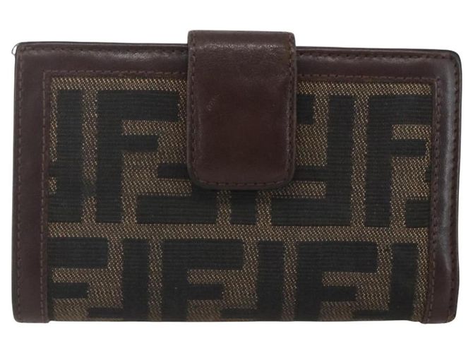 Portafoglio compatto in tela Zucca FENDI Nero Marrone Argento Auth 158172 - vista 13
