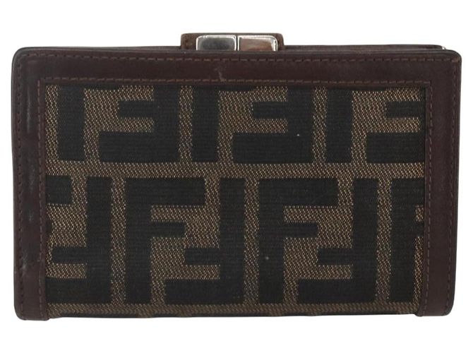 Portafoglio compatto in tela Zucca FENDI Nero Marrone Argento Auth 158172 - vista 2