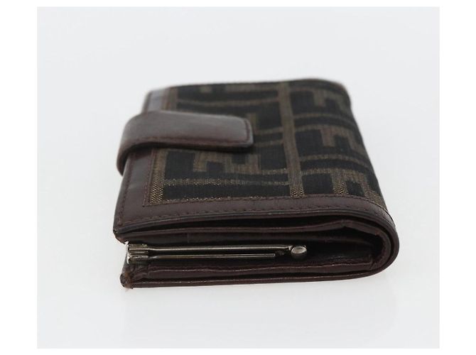 Portafoglio compatto in tela Zucca FENDI Nero Marrone Argento Auth 158172 - vista 3