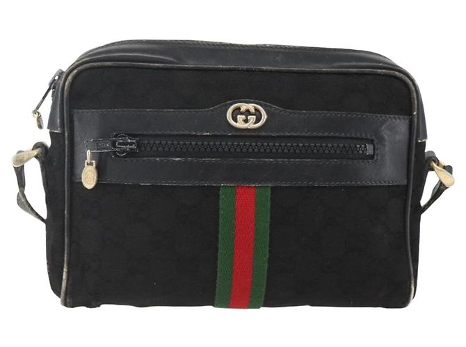 Borsa a Spalla Gucci GG Canvas Web Sherry Line Nero Oro Auth 158418 D'oro - vista 2