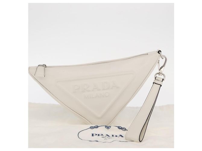 PRADA Borsa Clutch in Pelle Argento Bianca Auth 159445V Bianco - vista 12