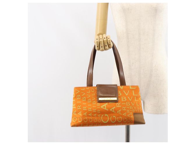 Bulgari Borsa Tote BVLGARI in nylon e pelle arancione dorato Auth bs32037 D'oro - vista 24
