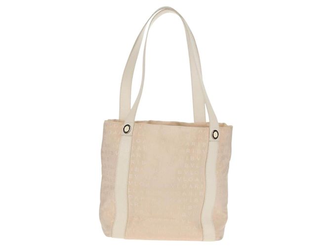 Bulgari Borsa Tote BVLGARI Logo Mania in tela e pelle beige argento Auth 158698 - vista 13