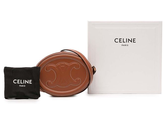 Céline Celine Piccola Borsa a Tracolla Ovale in Pelle di Vitello Marrone Triomphe - vista 12