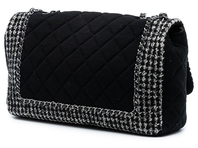 Chanel Nero Jumbo CC in Jersey Trapuntato e Catena in Tweed - vista 2