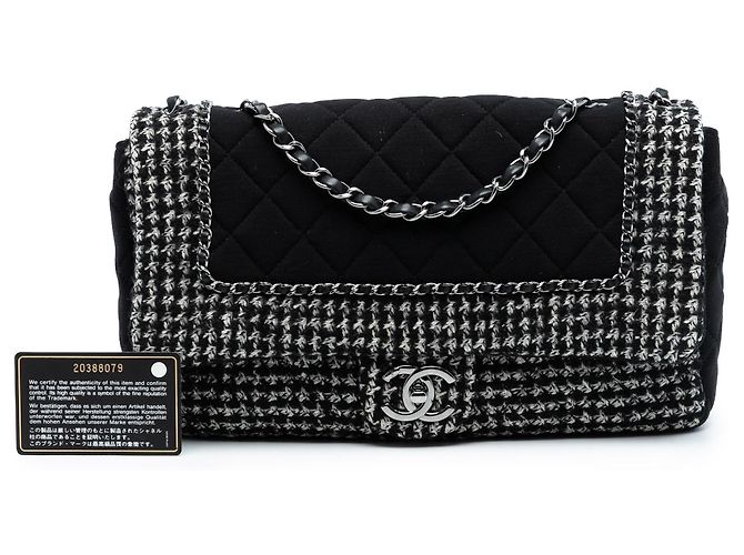 Chanel Nero Jumbo CC in Jersey Trapuntato e Catena in Tweed - vista 8