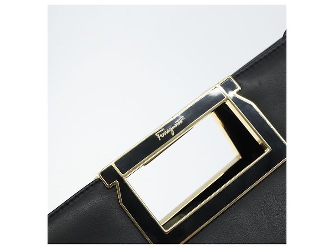 Borsa a mano in pelle Gancini Salvatore Ferragamo 2 in 1 Nero Oro Auth 157683 - vista 10