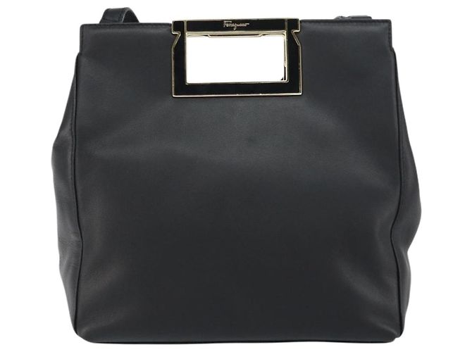 Borsa a mano in pelle Gancini Salvatore Ferragamo 2 in 1 Nero Oro Auth 157683 - vista 13