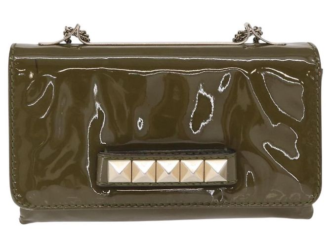 VALENTINO Bolsa de Ombro com Corrente e Studs Esmalte Caqui Ouro Auth bs31799 Dourado - vista 13