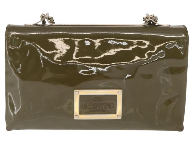 VALENTINO Bolsa de Ombro com Corrente e Studs Esmalte Caqui Ouro Auth bs31799 Dourado - vista 2