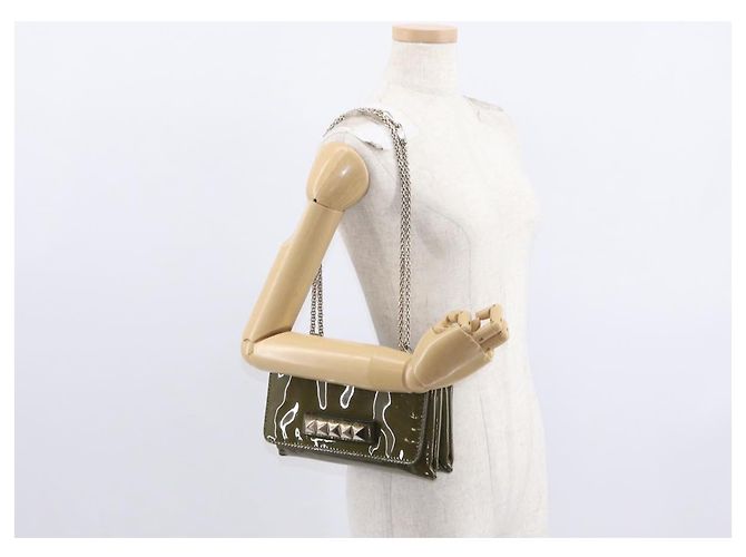 VALENTINO Bolsa de Ombro com Corrente e Studs Esmalte Caqui Ouro Auth bs31799 Dourado - vista 25