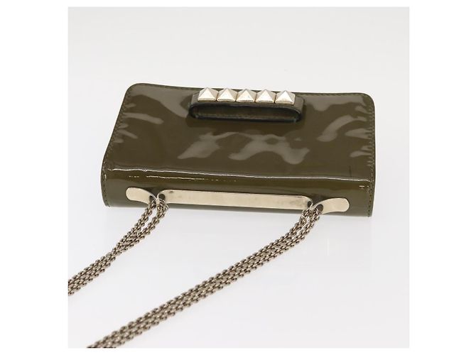 VALENTINO Bolsa de Ombro com Corrente e Studs Esmalte Caqui Ouro Auth bs31799 Dourado - vista 6