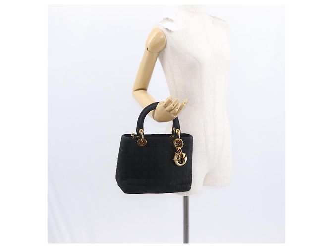 Christian Dior Borsa Lady Dior Canage in nylon nero e oro Auth ka1172 D'oro - vista 22