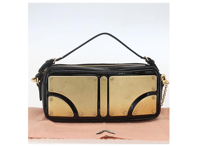 Borsa a Spalla Miu Miu Catena Smalto 2 in 1 Nero Oro Auth 159323V D'oro - vista 12