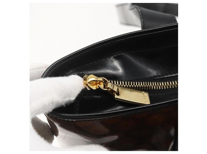 Céline Borsa a Spalla in Tela Macadam CELINE Vinile Marrone Oro Auth 148538 D'oro - vista 10