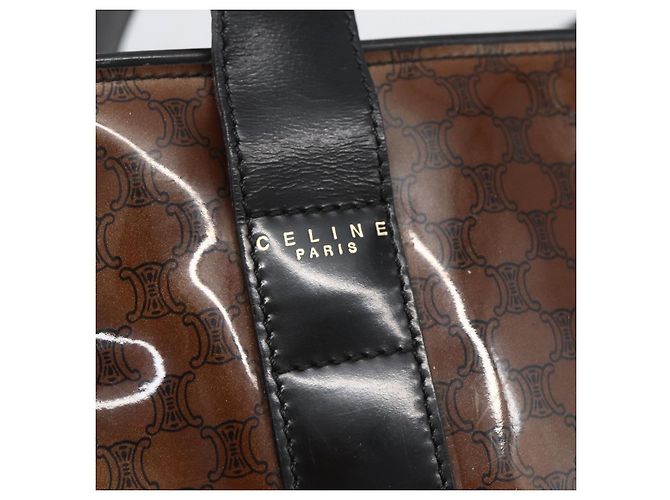 Céline Borsa a Spalla in Tela Macadam CELINE Vinile Marrone Oro Auth 148538 D'oro - vista 17