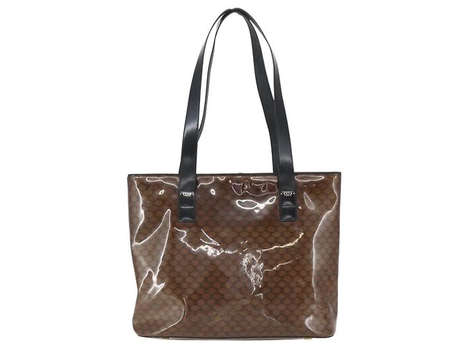 Céline Borsa a Spalla in Tela Macadam CELINE Vinile Marrone Oro Auth 148538 D'oro - vista 2