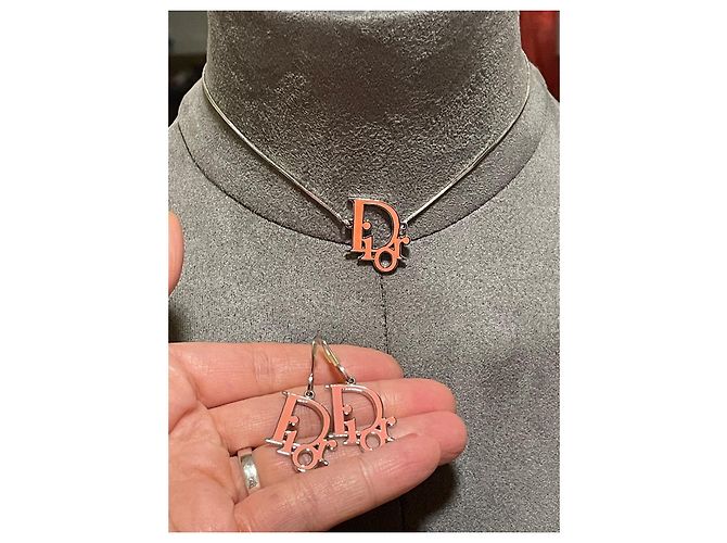Set Dior Collana e Orecchini Logo Monogramma Rosa Argentato Argento - vista 2