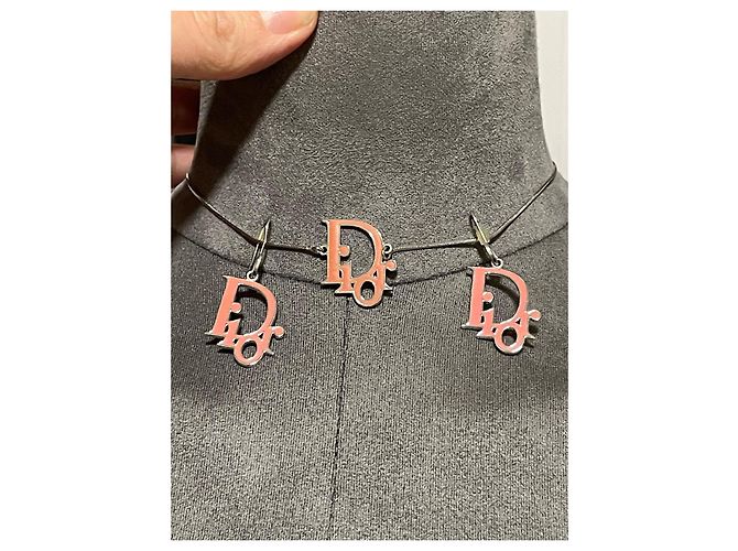 Set Dior Collana e Orecchini Logo Monogramma Rosa Argentato Argento - vista 3