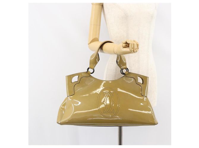 Bolso Tote Cartier Cuero charol Amarillo Plata Auth BA9040 - vista 23