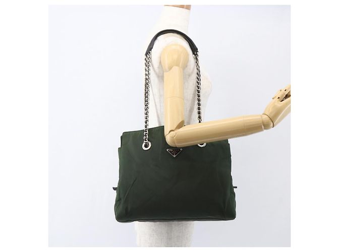 PRADA Ketten-Tote aus Nylon Khaki Silber Authentisch am10142 - Ansicht 26