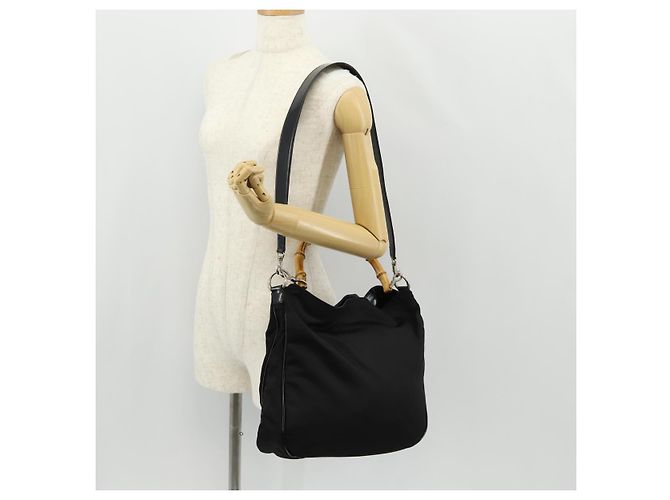 Borsa a mano in nylon Gucci Bamboo 2 vie nera oro 001 2058 1577 5 Auth gh1412 Nero D'oro - vista 24