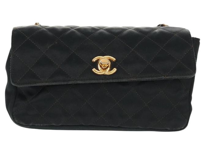 CHANEL Mini Matelassé 18 Bolsa de Hombro con Cadena Satén Negro Oro CC Auth 159010V Dorado - vista 13