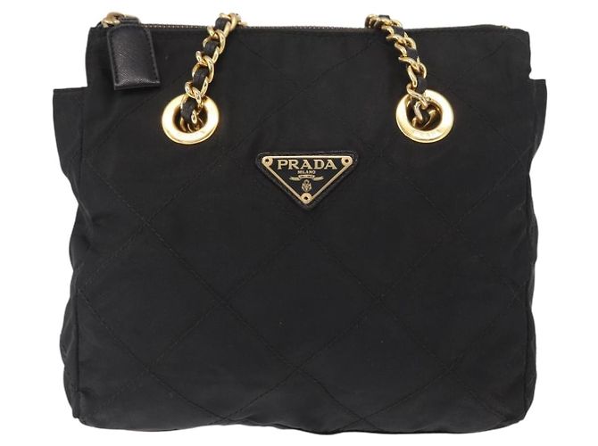 Bolsa de Ombro com Corrente PRADA em Nylon Preto e Dourado Auth bs32069 - vista 13