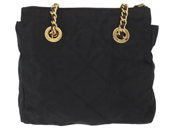 Bolsa de Ombro com Corrente PRADA em Nylon Preto e Dourado Auth bs32069 - vista 2