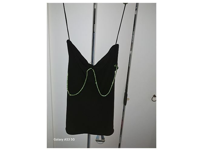 Zara Schwarzes Minikleid mit neon grünen Strass Trägern - Ansicht 12