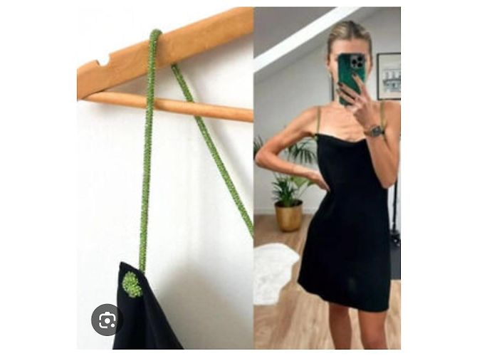 Zara Schwarzes Minikleid mit neon grünen Strass Trägern - Ansicht 3