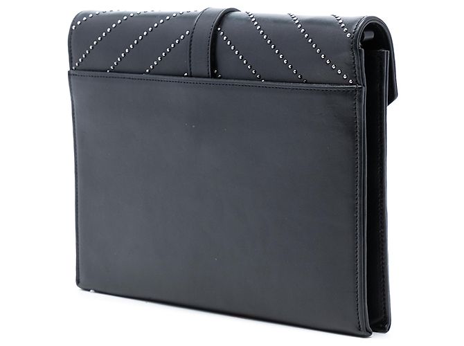 Envelope de corrente em couro de bezerro chevron preto com tachas Monogram da Saint Laurent. - vista 2