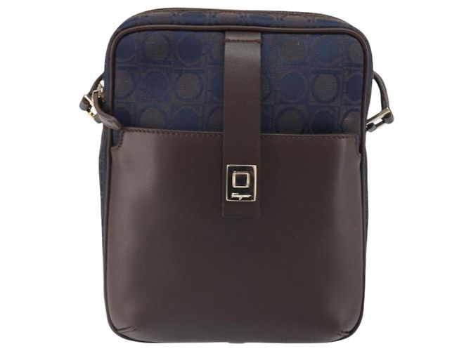 Borsa a Spalla Gancini in Nylon e Pelle Salvatore Ferragamo Blu Navy Oro Auth BA9388 D'oro - vista 2